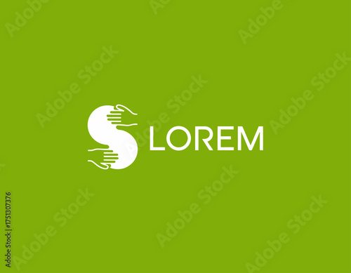 A unique logo design featuring two hands forming an 'S' symbol, representing partnership, cooperation, and mutual support in a vibrant green background.
