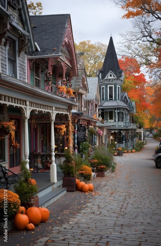 Beautiful Autumn Street With Colorful Houses and Pumpkins in a Charming Neigh...