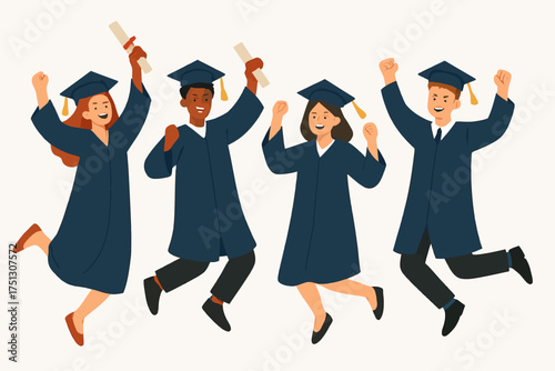 Diverse graduates celebrating: young caucasian, african, hispanic adults in caps and gowns