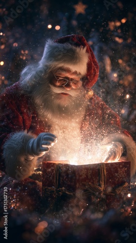 Magic of Christmas as Santa Opens a Glowing Present in a Festive Winter Scene