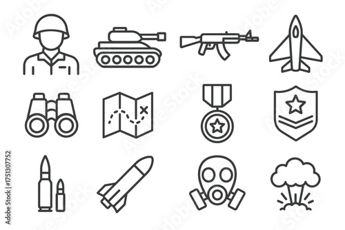 Military icons set: soldier, tank, aircraft, weapons, map, medal, gas mask