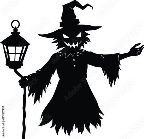 Spooky Pumpkin Scarecrow With Lantern Silhouette
