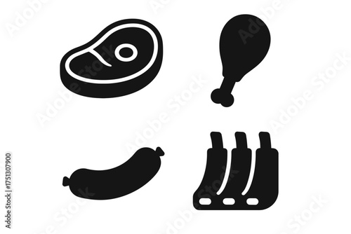 Black and white icons of meat cuts: steak, drumstick, sausage, ribs