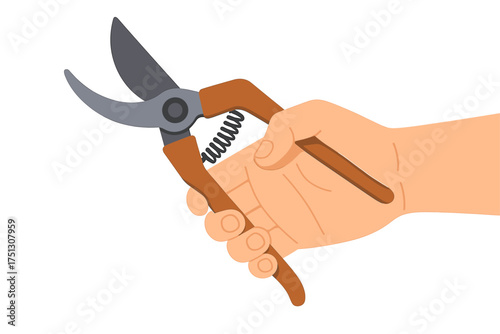 Hand holding pruning shears for gardening and plant care