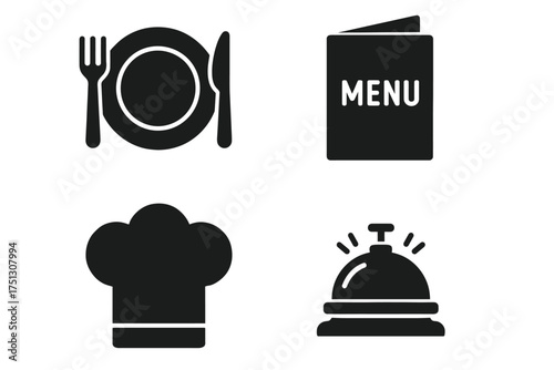 Dining icons: plate, menu, chef hat, and bell symbols