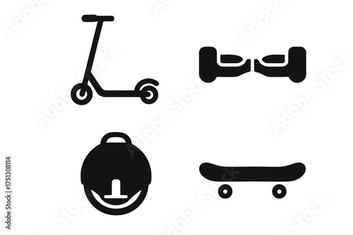 Icons of personal transport: scooter, hoverboard, unicycle, skateboard