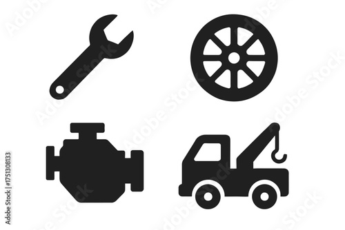 Automotive repair icons: wrench, tire, engine, tow truck symbols