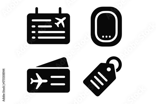 Black icons of flight information display, window, ticket, and luggage tag