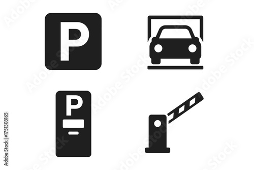 Parking symbols: parking sign, garage, ticket machine, barrier gate icons