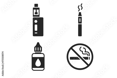 Vaping icons set: e-cigarette, vape mod, e-liquid bottle, no smoking sign