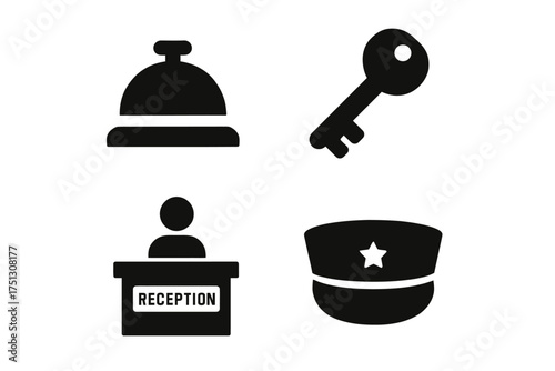 Hotel service icons: bell, key, reception, hat