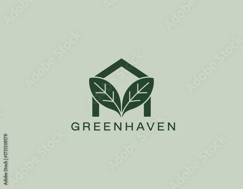 A logo design harmonizing a house shape with green leaves that convey eco-friendly housing solutions, sustainability, and wellness for communities focused on environmental conservation.