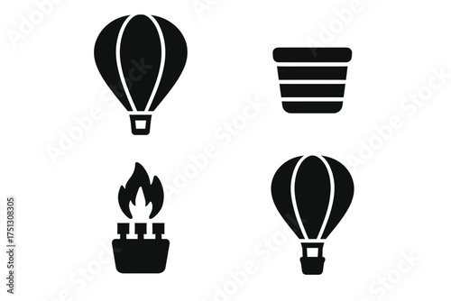Hot air balloon and burner icon set: simplistic black silhouettes