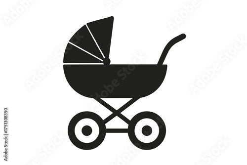 Minimalist baby stroller silhouette icon with canopy and wheels