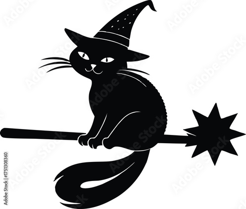 Witch Cat Sitting On Glowing Broomstick Silhouette
