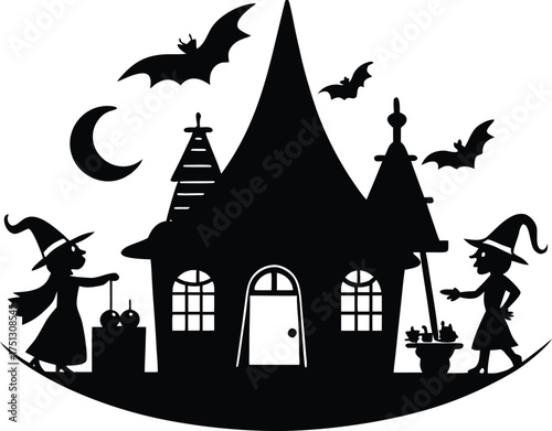 Witches Hat Shop Scene With Flying Broomsticks Silhouette