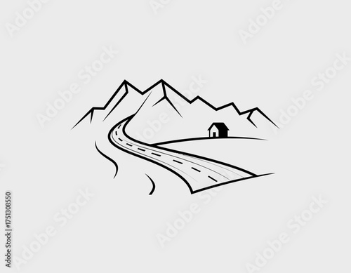 A beautiful black and white illustration showing a winding road leading towards looming mountains, embodying adventure, nature, and freedom, perfect for travel or outdoor brands.