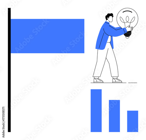 Person carrying large lightbulb beside descending blue bar graph and bold rectangular flag. Ideal for innovation, leadership, goal setting, growth analysis, creative strategy, achievement