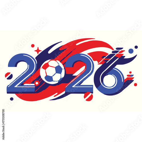 2026 World Cup/Tournament Logo: Vibrant red, white, and blue design with a soccer ball, symbolizing fast-paced global competition, patriotism, and international sports events.