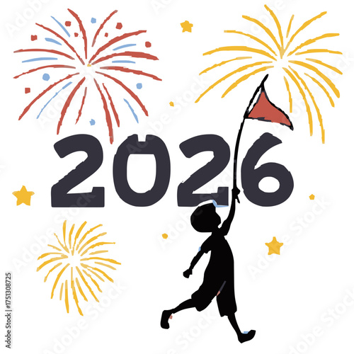 Celebratory 2026: Child silhouette waves a flag amidst fireworks and stars, symbolizing future hopes, childhood dreams, and new year celebrations. A vibrant, optimistic design.