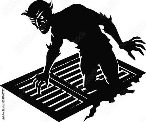 Zombie Crawling Out Of Sewer Grate Silhouette
