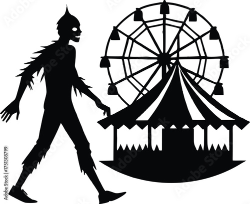 Zombie Walking Through Abandoned Carnival Silhouette