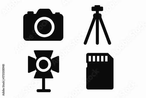 Silhouette icons of camera, tripod, studio light, and memory card