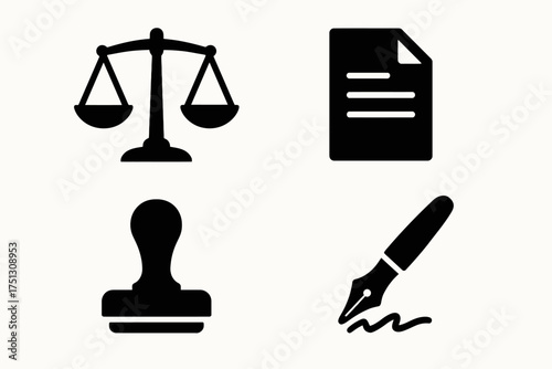 Legal symbols: scales of justice, document, stamp, and fountain pen in black icons