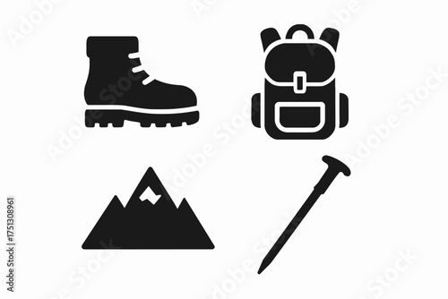 Hiking essentials icons: boot, backpack, mountain, trekking pole
