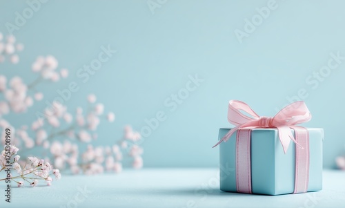 Brightly Wrapped Gift Box With Pink Ribbon Beside Cherry Blossom Branches in ...