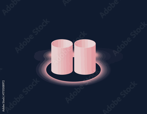 A pair of minimalistic pink cylinders illuminated against a dark backdrop, creating a striking visual effect that symbolizes duality and modern design in a subtle yet intriguing way.
