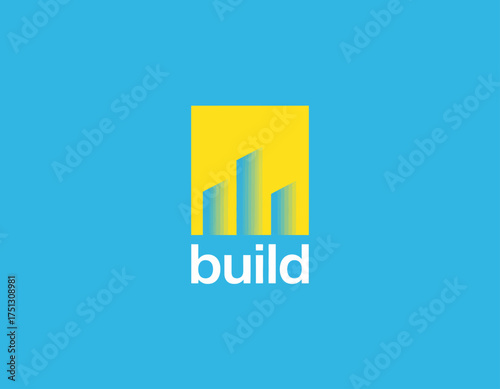 This logo showcases a minimalist design with ascending building shapes, conveying themes of construction, progress, and modernity against a vibrant blue backdrop.