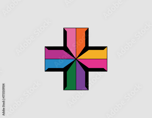 An eye-catching geometric plus sign created with vibrant colors, representing positivity and health, set against a subtle gray background for contrast.