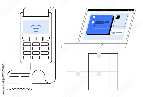 Payment terminal processing receipt, laptop screen displaying e-commerce platform, and stacked boxes. Ideal for retail, online shopping, logistics, payment systems, supply chain, business tools