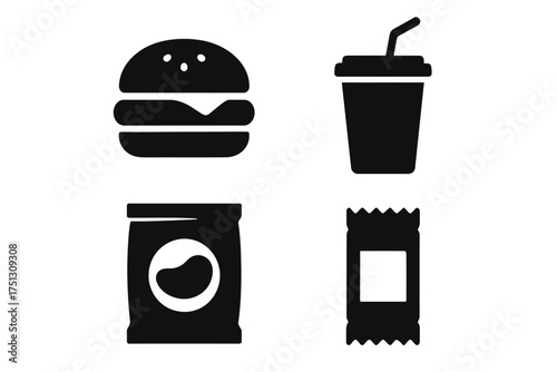 Simple black icons of fast food: burger, drink, chips, candy wrapper