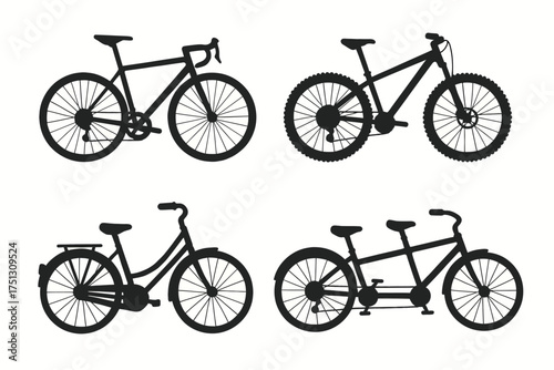 Silhouette set of road, mountain, city, and tandem bicycles on white background