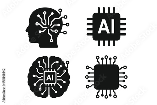 Ai icons: human brain and microchip technology symbols