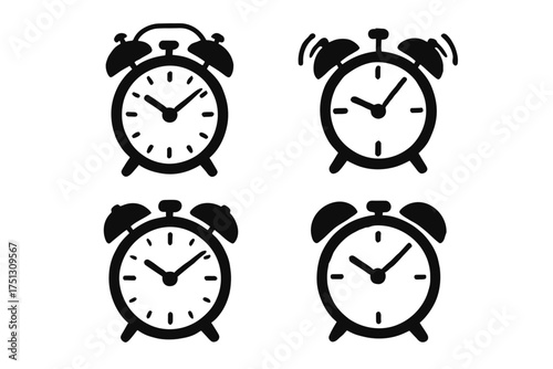 Set of vintage alarm clocks icons with bells in various styles