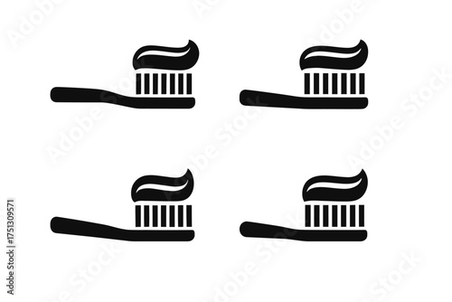 Set of four toothbrush and toothpaste icons in black silhouette style