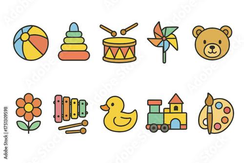 Colorful children's toys icons set featuring ball, drum, pinwheel, bear, flower, xylophone, duck, train, paint palette