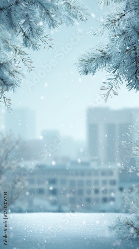 Snowflakes Falling Gently on a Cityscape Framed by Frosted Tree Branches Duri...