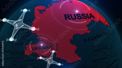The image shows a 3D-style digital map of Russia and Ukraine, with Drone
