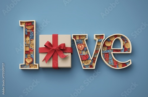 Creative Love Sign With a Gift Box and Colorful Designs on Blue Background