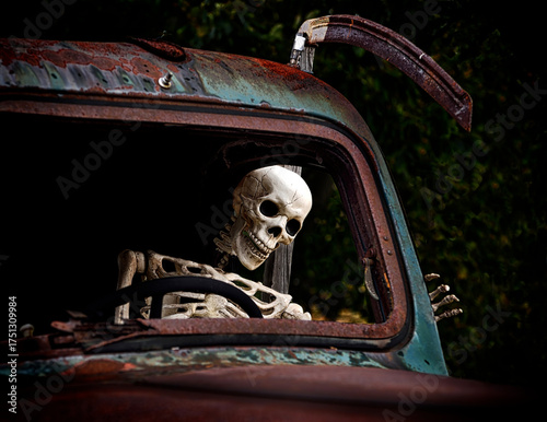 Skeleton Sitting in Rusted Vintage Car with scythe, a Creepy Halloween Scene with Decayed Interior and Haunted Autumn Atmosphere