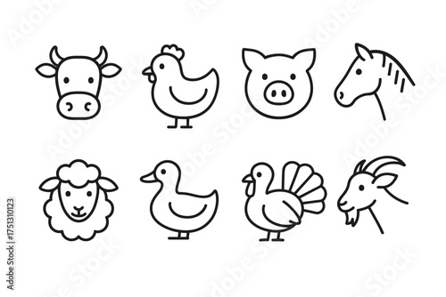 Set of eight simple farm animal icons including cow, chicken, pig, horse, sheep, duck, turkey, goat