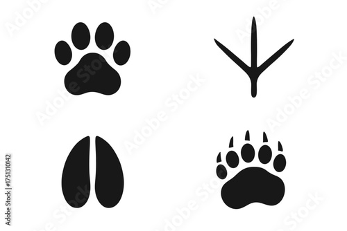 Animal footprint icons: paw print, bird track, hoof mark, bear claw silhouette