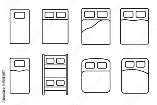 Set of eight minimalist bed icons featuring different styles
