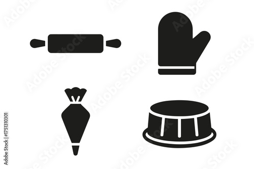 Baking essentials icons: rolling pin, oven mitt, piping bag, baking dish