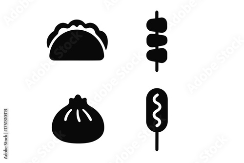 Four icons of asian street food: dumpling, skewer, bao, corn dog