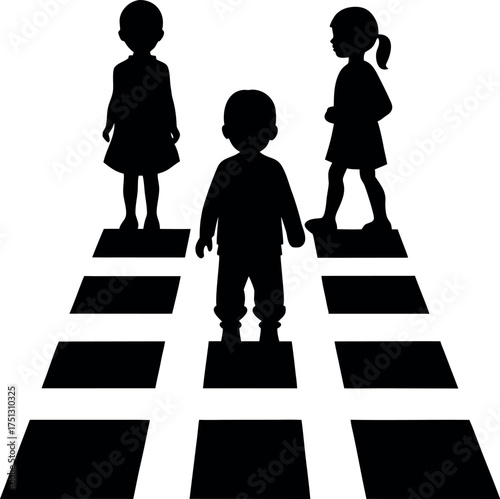 Children Crossing a Zebra Crossing Silhouette